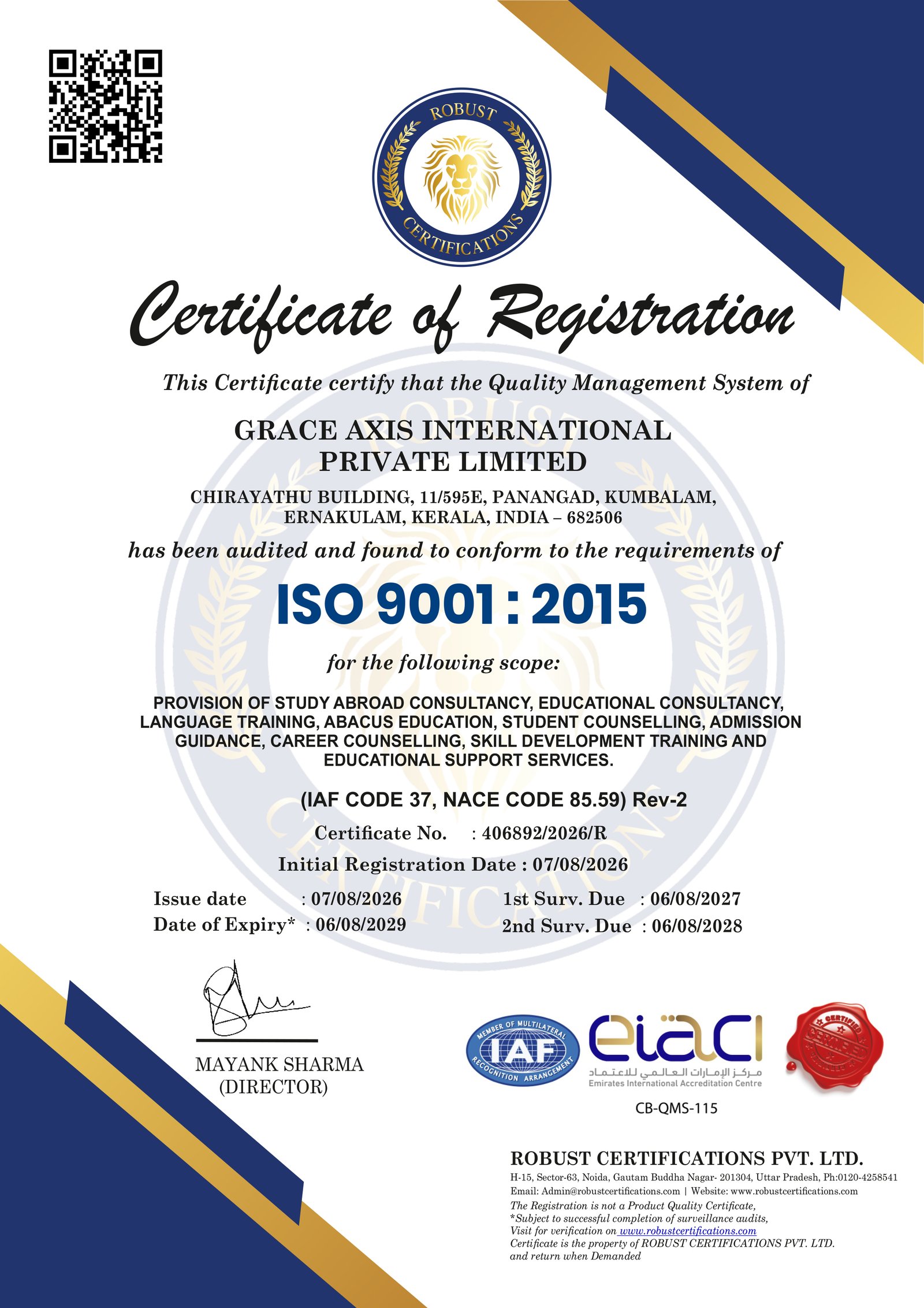 Grace Axis International ISO 9001:2015 QMS Certificate